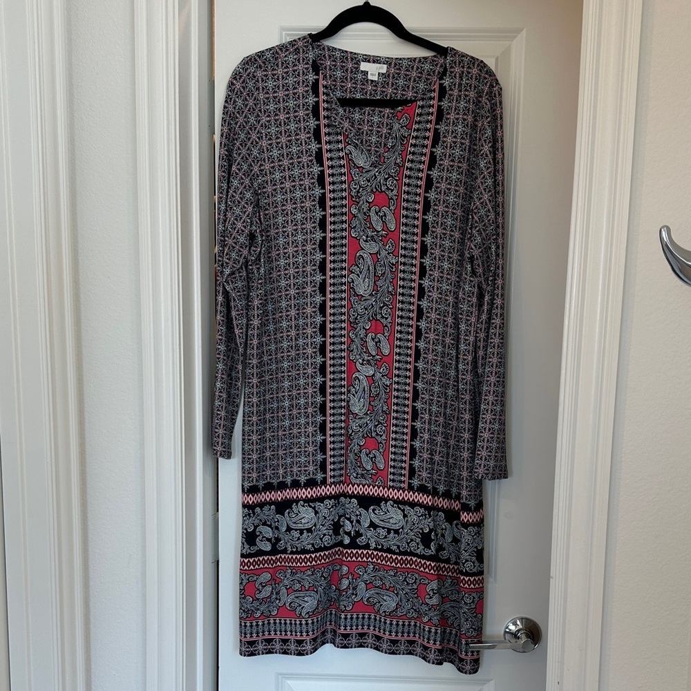 J. Jill Black and Pink Geometric Long Sleeve Dress